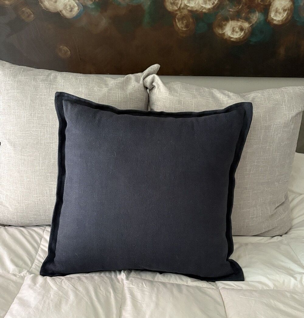 Restoration Hardware Down Pillow with Belgian Linen Euro Sham Flange Navy Blue